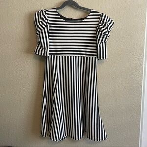 Girls Black & White Striped Ponte Dress with Puffed Sleeves- size 10